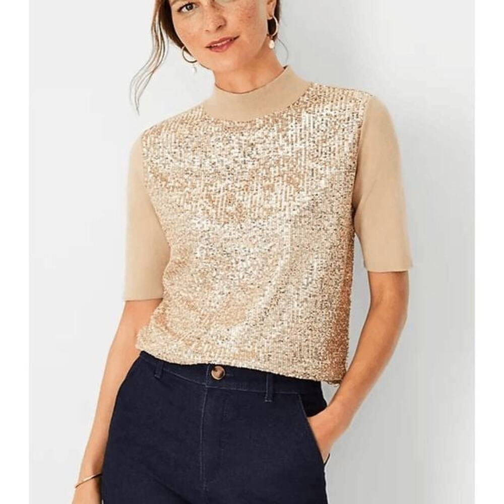 Ann Taylor Sequin Front Sweater Tee, Gold Sweater, Size Large, MSRP $109